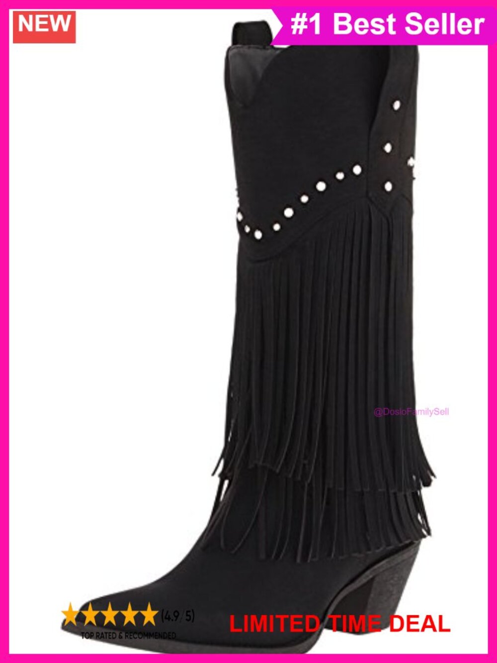 Faux Leather Studded Fringe Cowboy Boots Pointed Toe Mid-Calf
